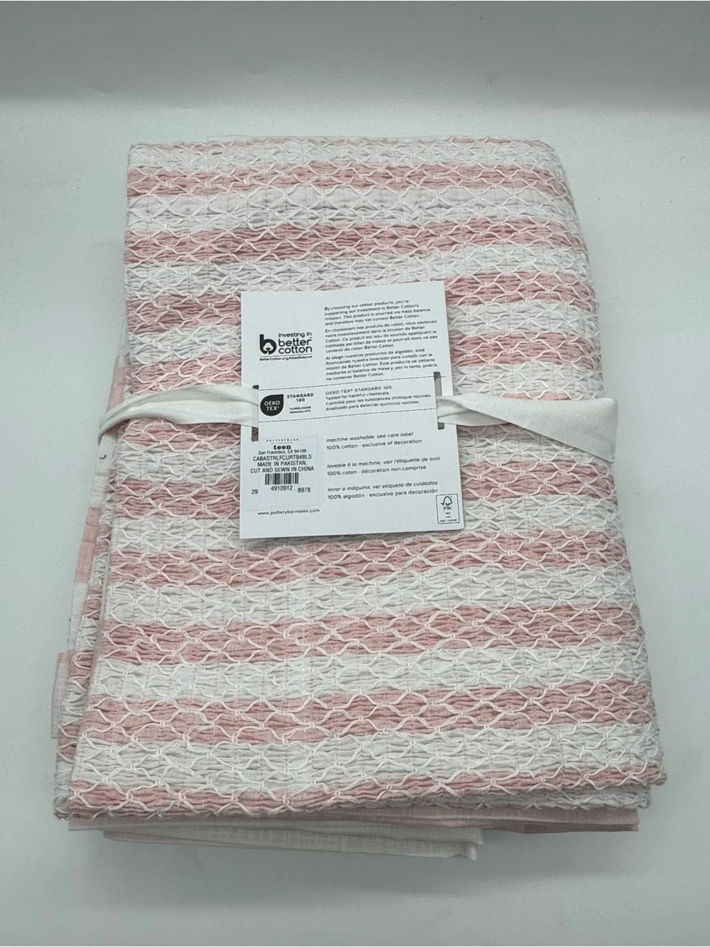 NWT Pottery Barn Teen Smocked Cabana Stripe Curtain Blush Pink 52x84